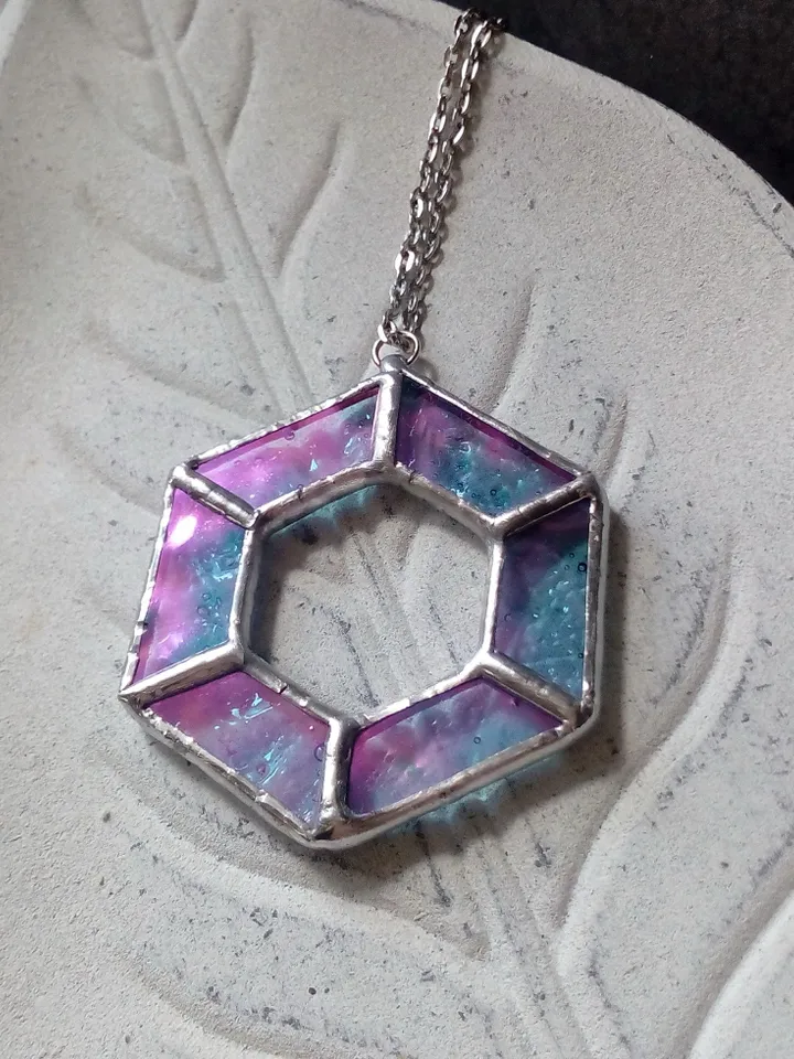 Iridescent stained glass, geometric pendant, Hexagon dichroic necklace, Stained glass cute necklace, Sacred geometry