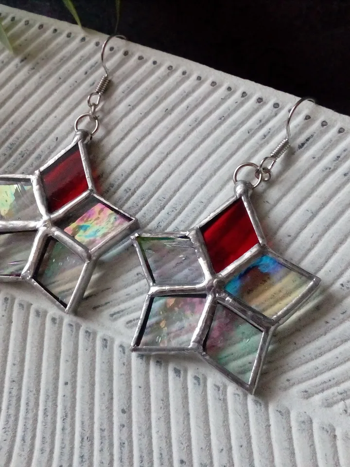 Star drop earrings, flower dangle earrings, geometric earrrings, Iridescent drop earrings, simple stained glass