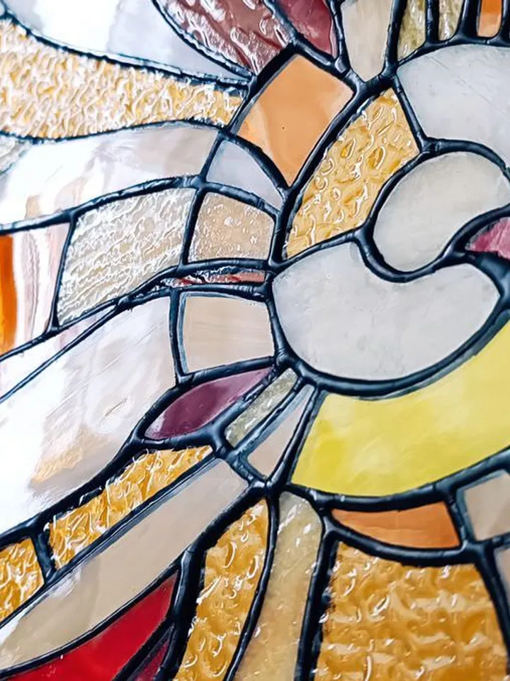 Sun. Tiffany-Style Stained Glass Panel on Iron Stand, Stained Glass with the Sun, Solar Stained Glass