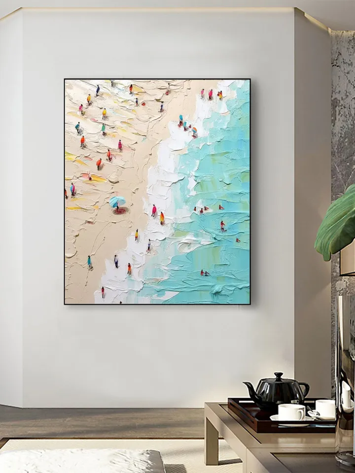 Original Beach Oil Painting On Canvas, Abstract Summer Seaside Painting, Waves and Golden Beach Painting, Living Room Wall Art, Home Decor