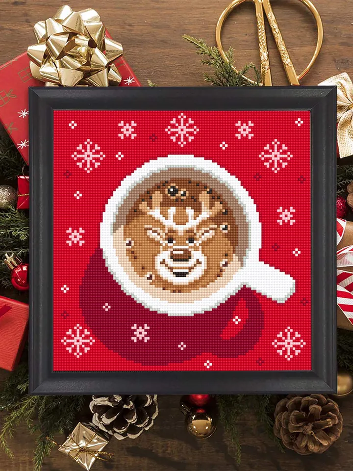 Christmas coffee cross stitch pattern PDF download Christmas cross stitch chart, Cup of latte cappuccino coffee with deer cross stitch #N149