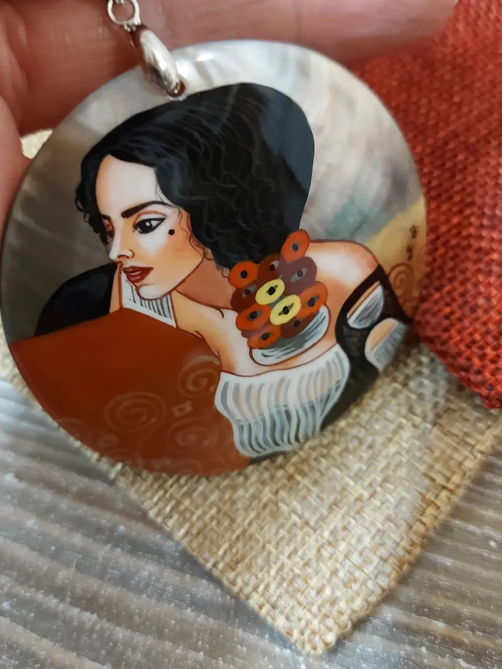 Gustav Klimt. Pendant " Judith ". Mother-of-pearl Russian hand-painted necklace. Hand paint necklace pendant.Hand painted miniature painting