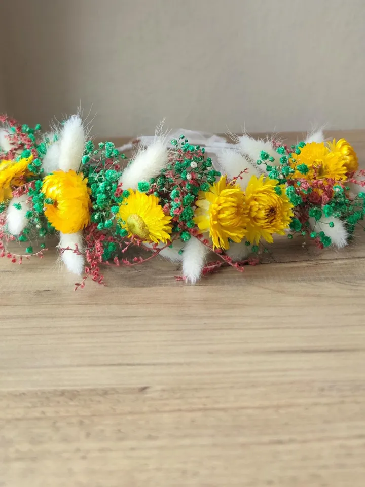 natural dried flower crown, Green adult crown, Suitable for daily use, cotton grass, chamomile, tatarika grass,