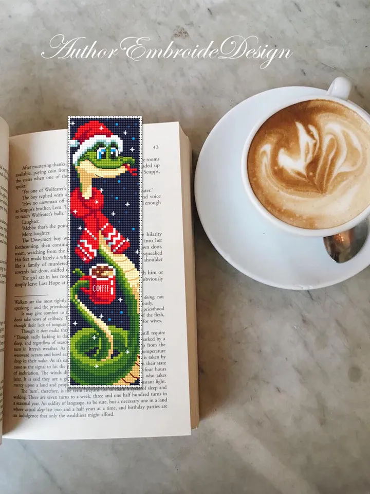Christmas bookmark cross stitch pattern PDF download Cute snake cross stitch chart, Coffee bookmark pattern digital PDF Happy new year #B362