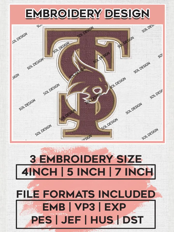 NCAA TS Bobcats Team Logo Embroidery Design Files, NCAA Texas State Bobcats Machine Embroidery, NCAA Teams, Game Day, 3 sizes, NCAA Machine embroidery designs, Digital Download