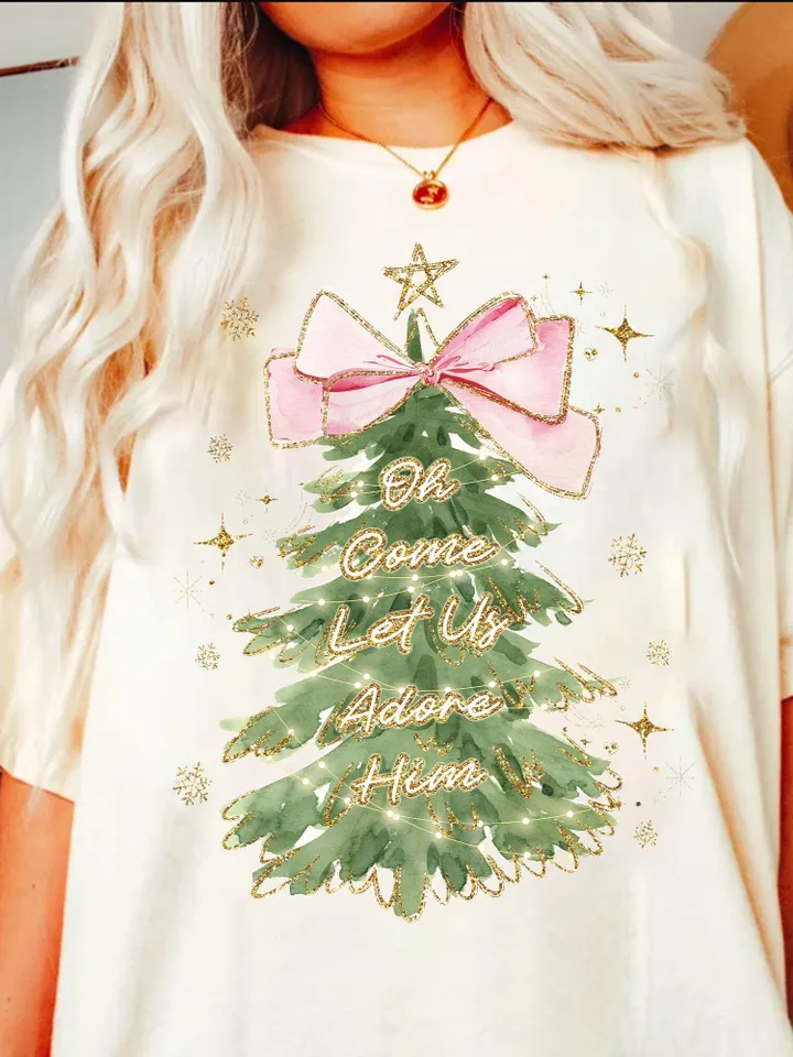 Oh Come Let Us Adore Him Png, Jesus Christmas PNG, Coquette Christmas Tree Png, Hand Drawn, Christian Christmas Png, Sublimation Download