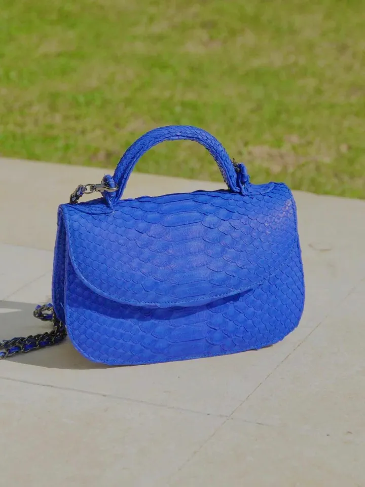 Genuine Python Skin Top Handle Bright Blue Crossbody Bag | Exotic Leather Bags | Snakeprint Bag | Handmade Designer Bag | Gift For Her