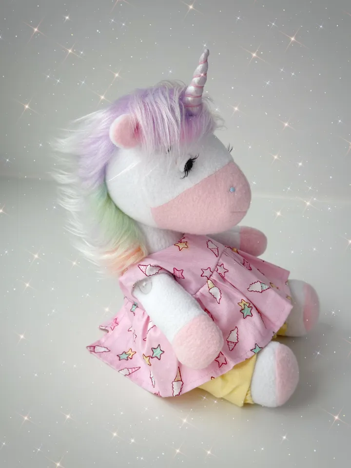 Handmade Unicorn Doll in dress. Soft plush toy. Fairy cute animal.