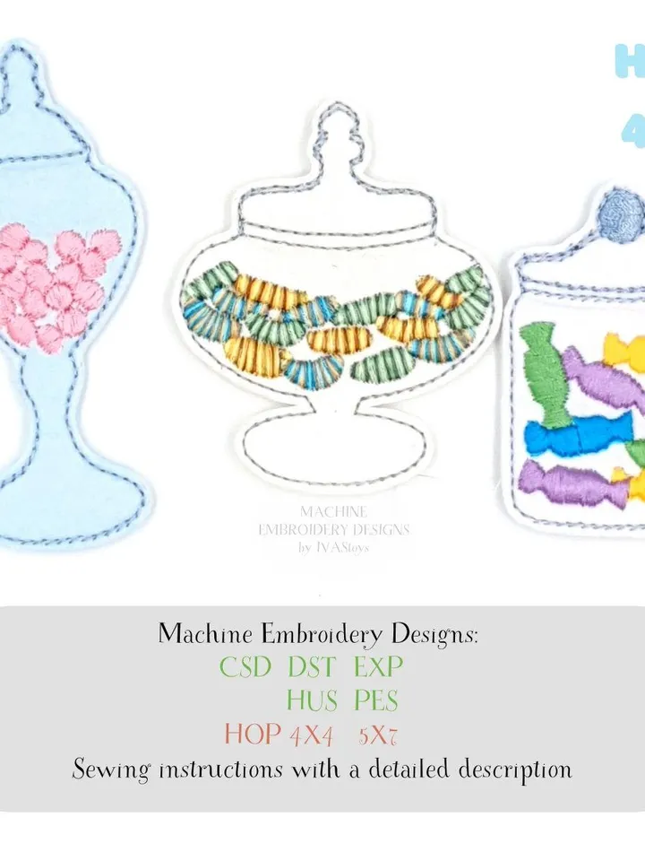 Felt Candy Jar ITH Embroidery Design Set, Dollhouse Miniature Sweets Pattern, Pretend Play Food Toy Digital File