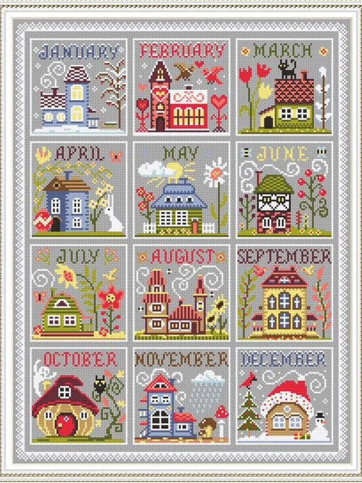 House calendar cross stitch pattern PDF download House seasons cross stitch chart, Cute house pattern digital PDF, Holiday cross stitch #T38