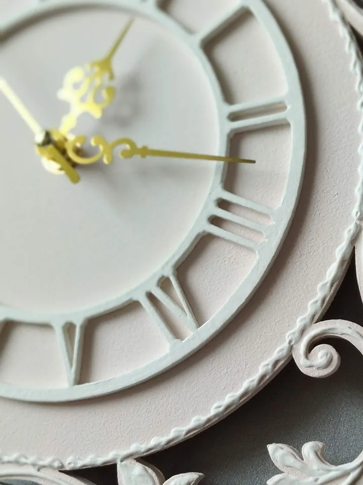 Small pink wall clock with white ornaments and roman numerals in vintage style Silent clock for bedroom, living room or nursery Gift for Christmas, Birthday, Mother's Day, Wedding, Housewarming