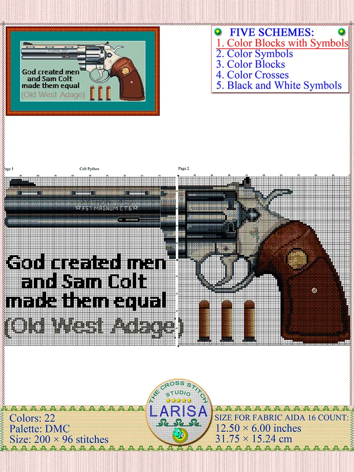 Revolver Cross Stitch Pattern | Colt Python | Pistol