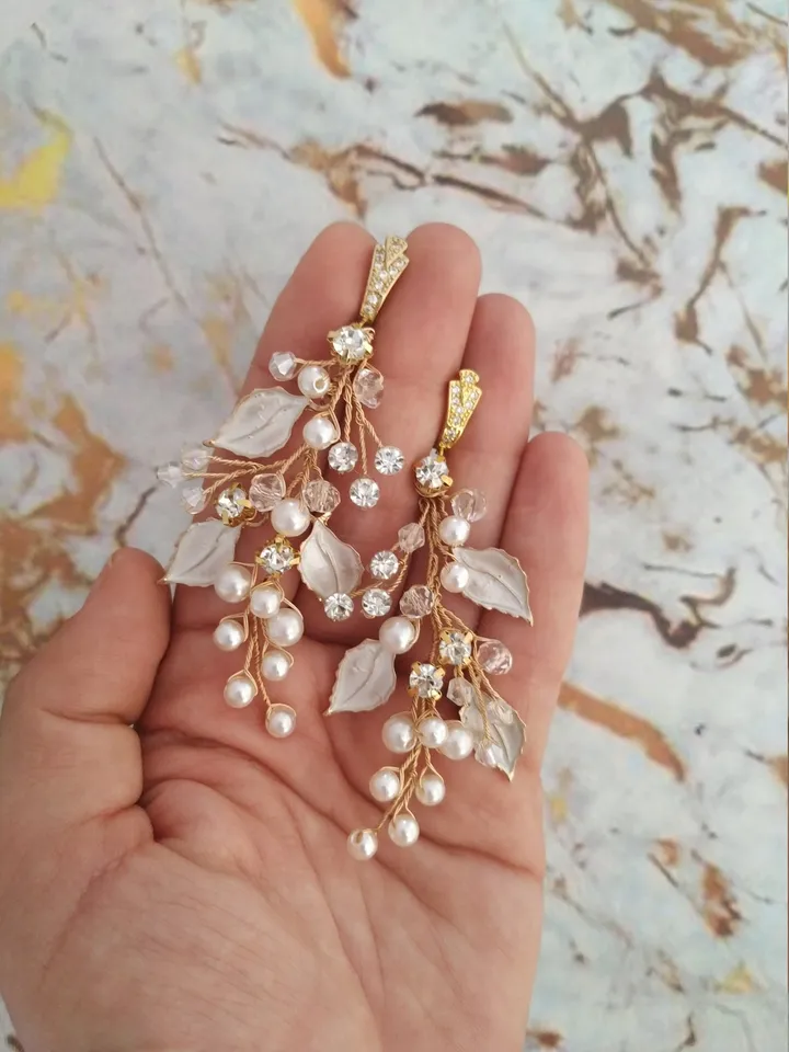 Boho Wedding Earrings, Rose Gold Leaf Chandelier Statement Bridal Earrings, Flower Wedding Earrings, Pearl Wedding Jewelry Swarovski Jewelry