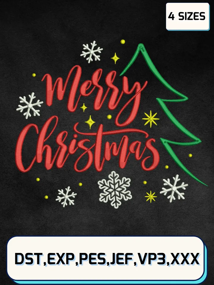 Merry Chrismas Embroidery Designs,Christmas Embroidery Designs,Machine Embroidery Files,4 Sizes