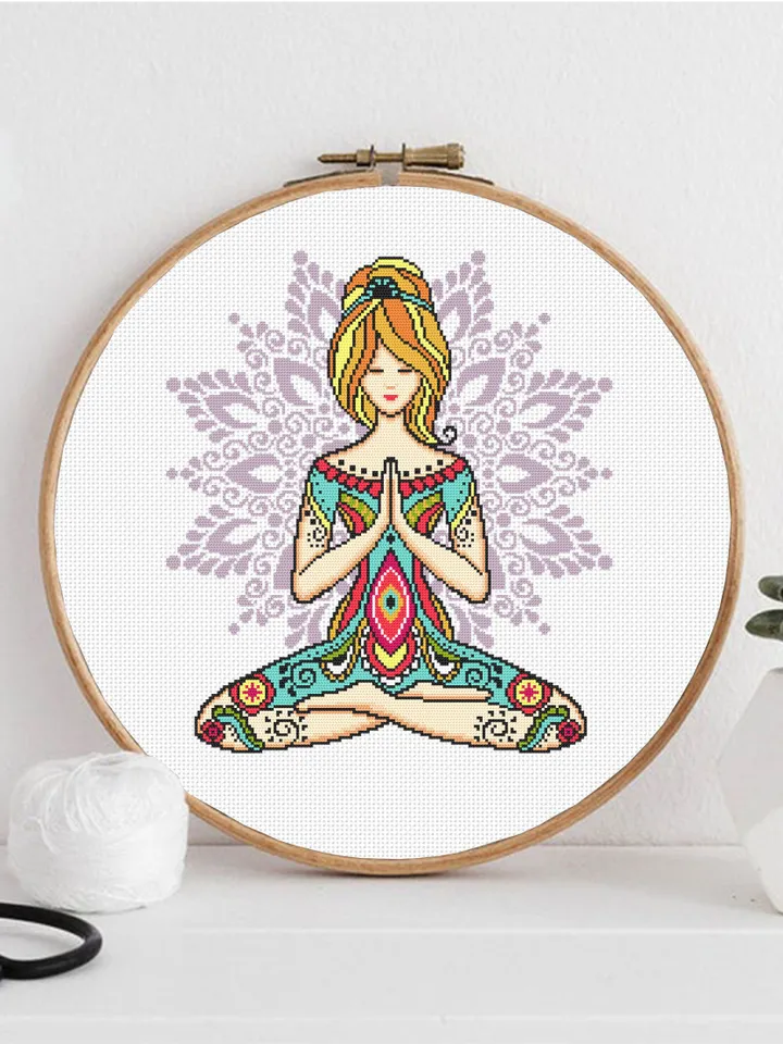 Yoga girl with mandala cross stitch pattern download PDF Yoga cross stitch chart, Chakra meditation cross stitch, Yoga art, Home decor #M187