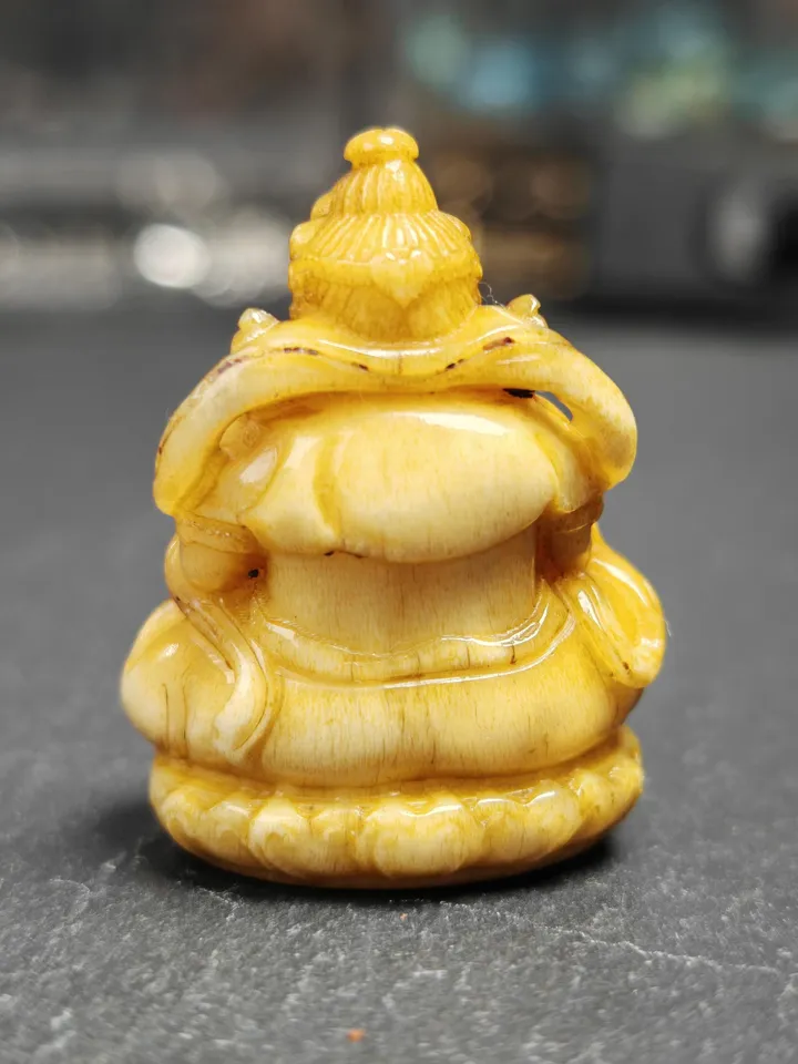 Gandhanra Antique Consecrated Tibetan Buddha statue - Yellow Jambhala(Dzambhala),Carved from Deer Antlers,40mm × 30mm × 20mm