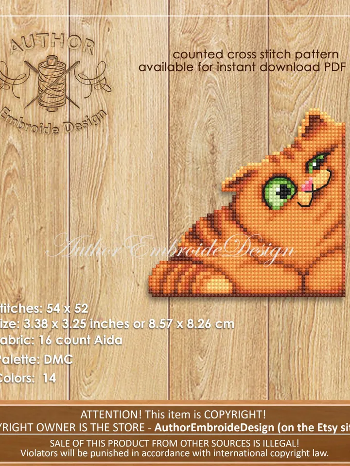 Orange cat Corner bookmark cross stitch pattern PDF download Cat cross stitch chart, Cat bookmark pattern digital PDF, Cat lover gift #B422