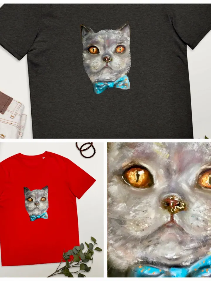 Cat in a bow tie Unisex organic cotton t-shirt made with my original soft pastel painting,funny animals t shirt gifts.