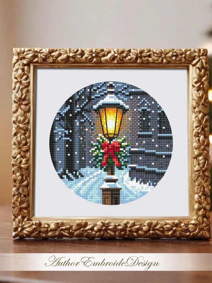 Christmas lamp post cross stitch pattern PDF download Winter landscape cross stitch chart, Christmas pattern digital PDF, Snow pattern #N176