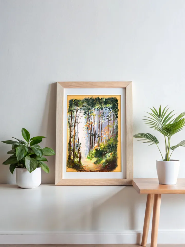 Sunlit Forest Pastel Painting by IrenFantasyArt – 12x16 Original Landscape on Pastelmat – Woodland Path Wall Art