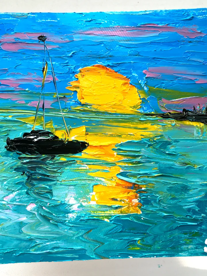 Sunset Sea Boat Original Art by SerjBond