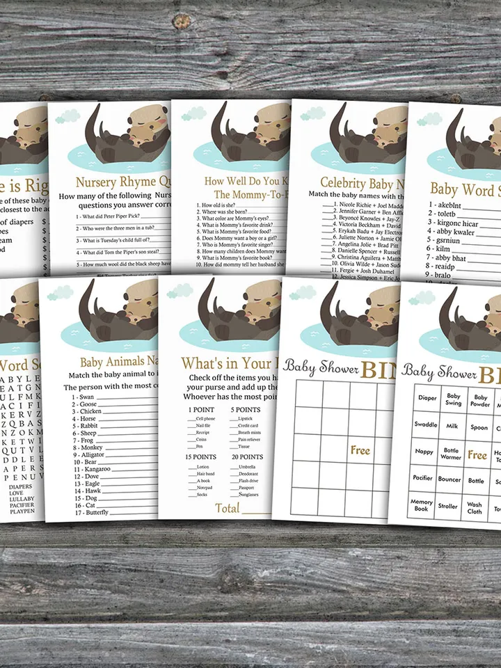 Woodland baby shower games bundle,Otter Baby Shower games package,Fun Baby Shower Games,9 Printable Games-380
