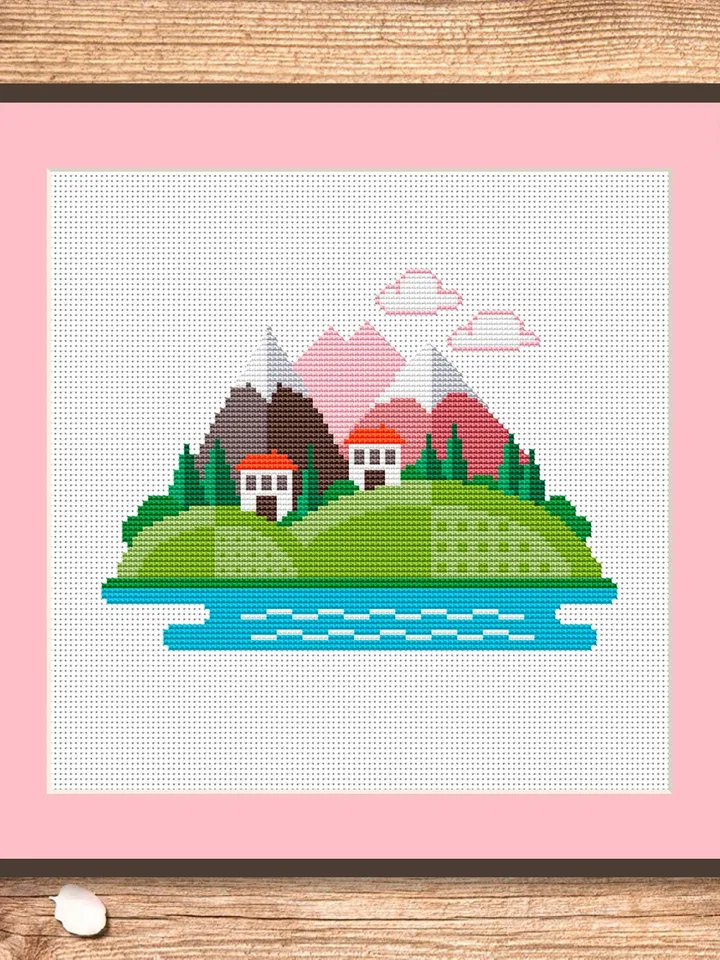 Pink Mountains Cross Stitch Pattern, Island Cross Stitch, Embroidery Travel, Travel Cross Stitch Pattern, Modern Cross Stitch #trl001