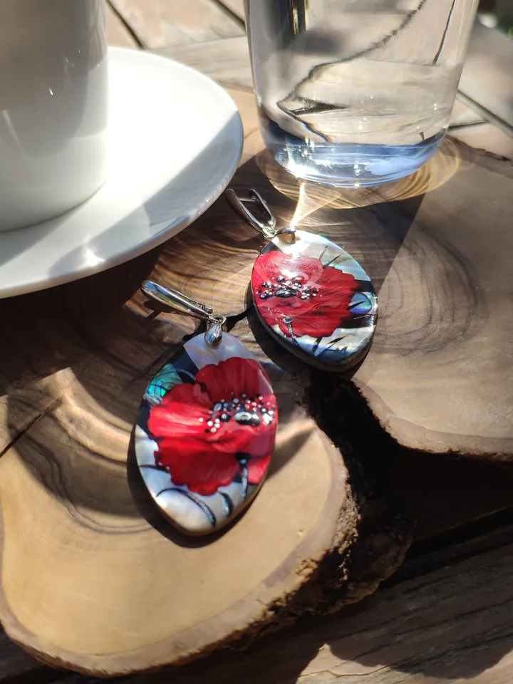 Pearl earrings: Red poppies on shell earrings. Aesthetic handmade floral design. Hand painted stylish jewelry gift with big red flower.