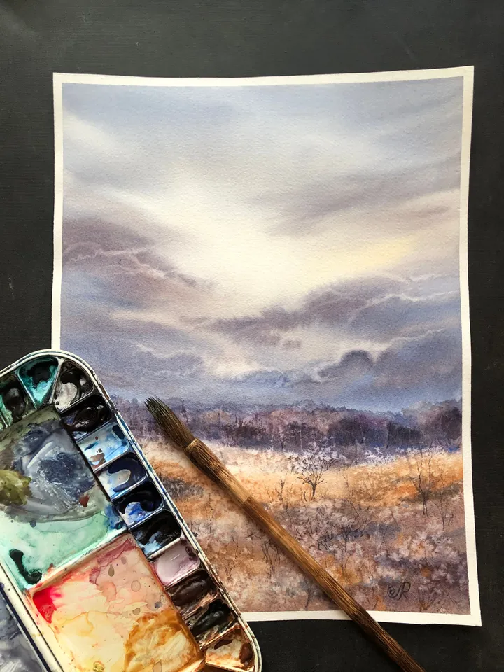 Landscape Watercolor Painting Fields Landscape Meadow Painting