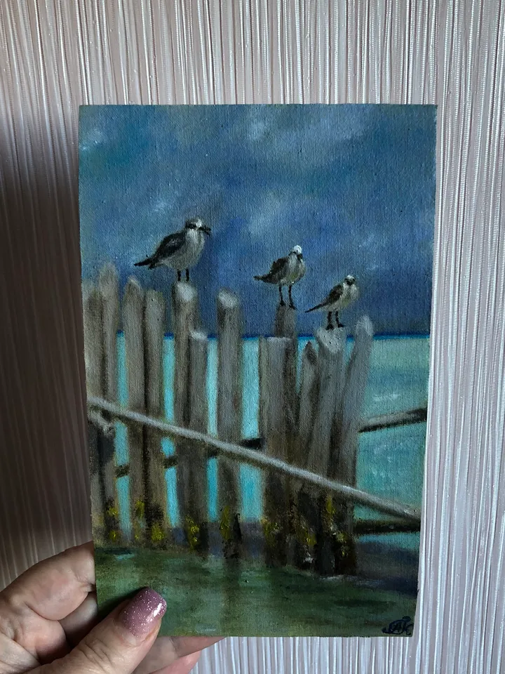 Seagulls original oil modern painting wall art 5x8 inches