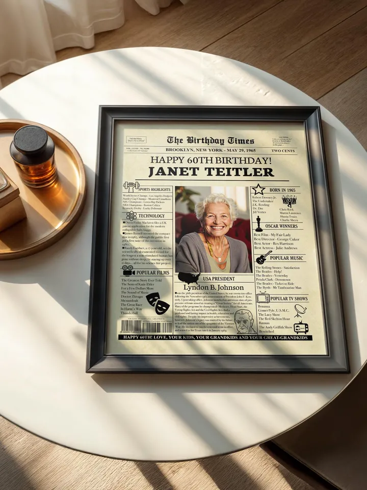 60th Birthday Newspaper Poster Born in 1965 Printable Decor Birthday Gift for Men or Women