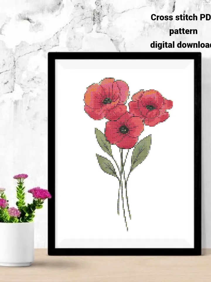Poppies cross stitch PDF pattern, Flowers embroidery design, Instant download