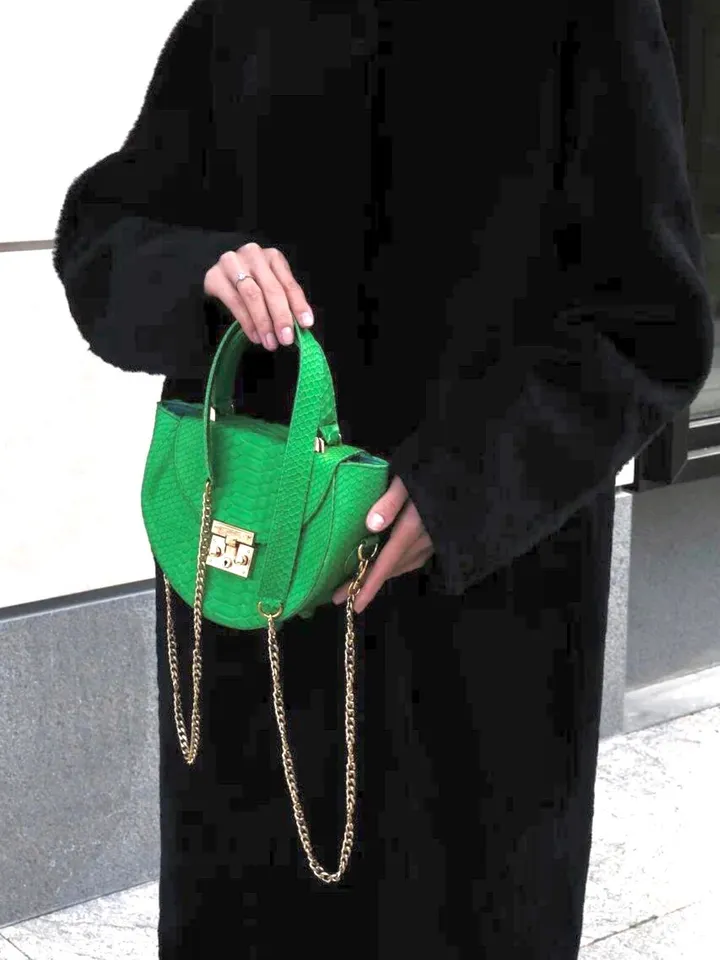 Genuine Python Skin Crosshandle Elegant Green Bag | Exotic Leather Bags | Designer Bags | Handmade Chain Crossbody Handle Women Classy Purse