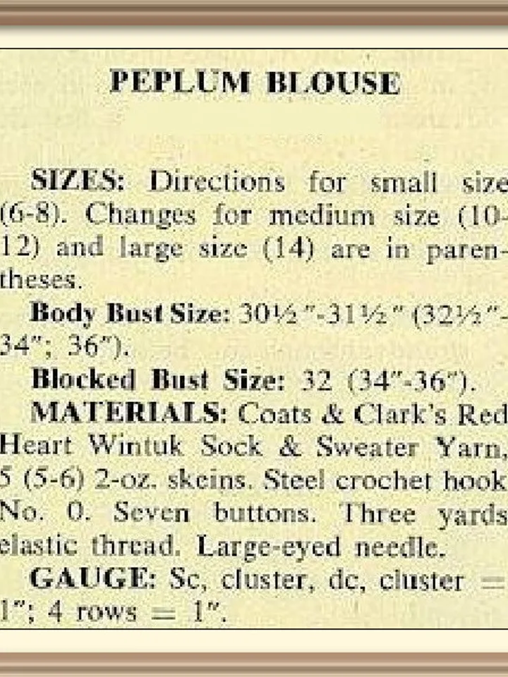 Vintage Crochet Pattern Peplum Blouse Digital Download PDF