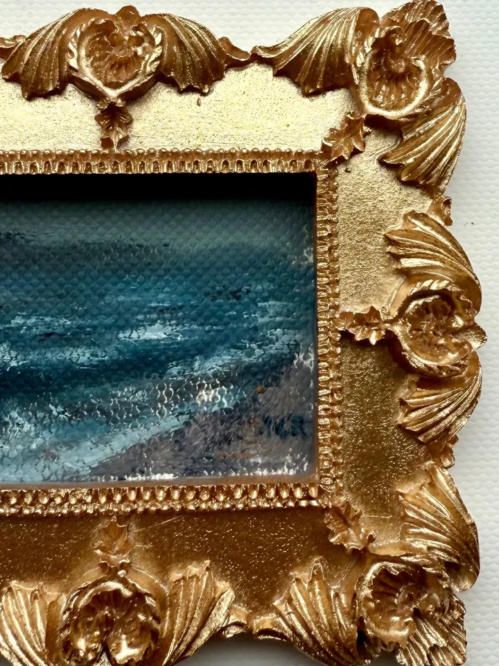 Small Landscape Oil Painting Framed Original Foggy Coast Painting Antique Ocean Art Gold Frame Tiny Paintings 3 x 4 Wave Art
