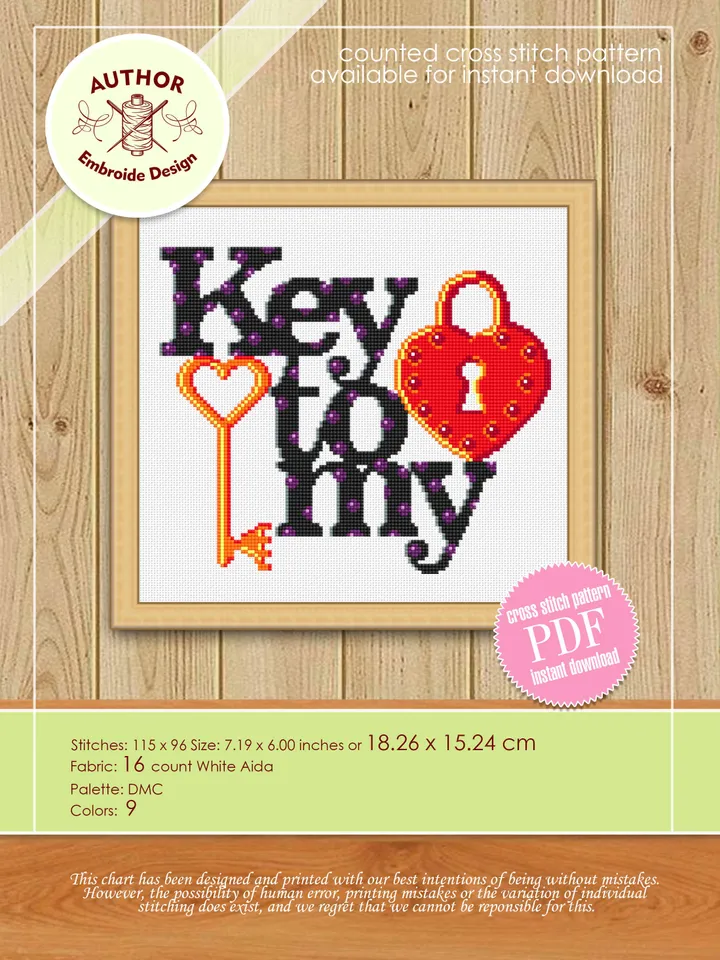 Love quote cross stitch pattern download PDF, Love lettering Key to my heart cross stitch chart, Valentines day gift, Beginner stitch #V7
