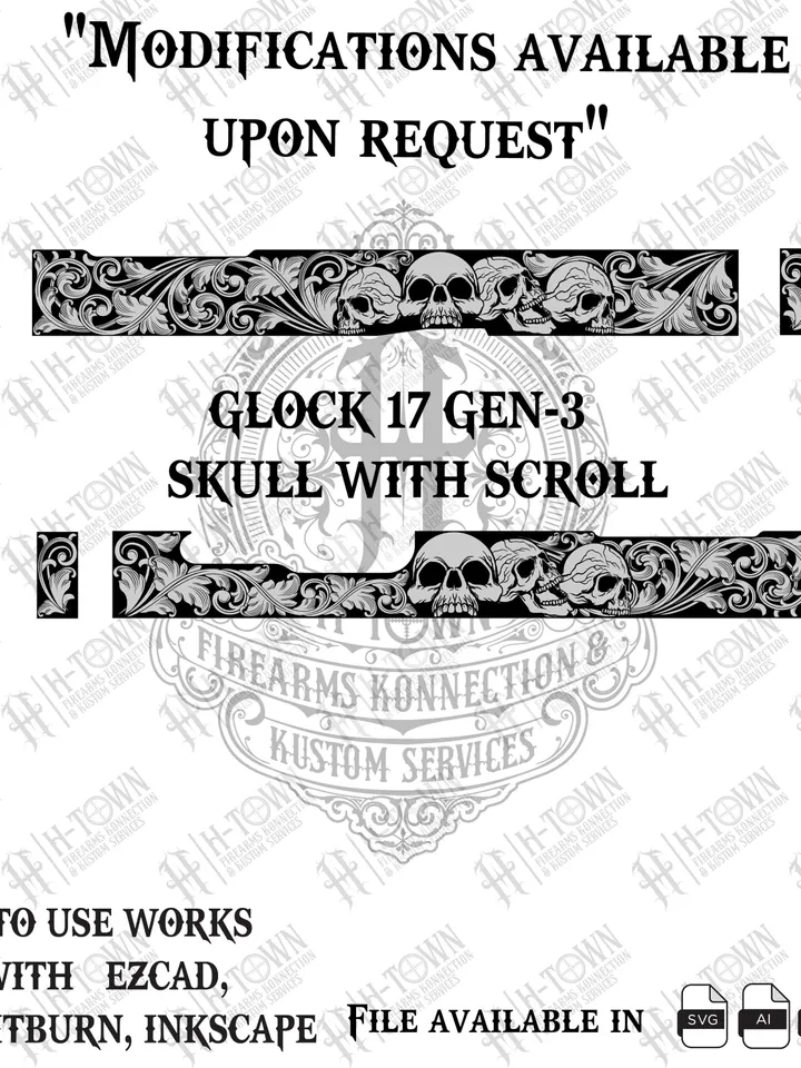Glock 17 Gen-3 Slide Engraving Design – Skull & Scroll – Svg, Ai,Dx,Png LightBurn File for EZCAD and Inkscape –Laser Ready