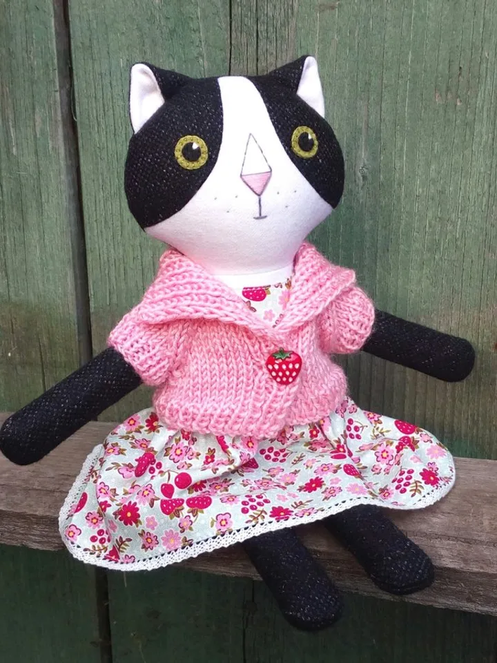 Tuxedo cat girl, handmade plush kitten toy, stuffed wool doll, soft cat toy