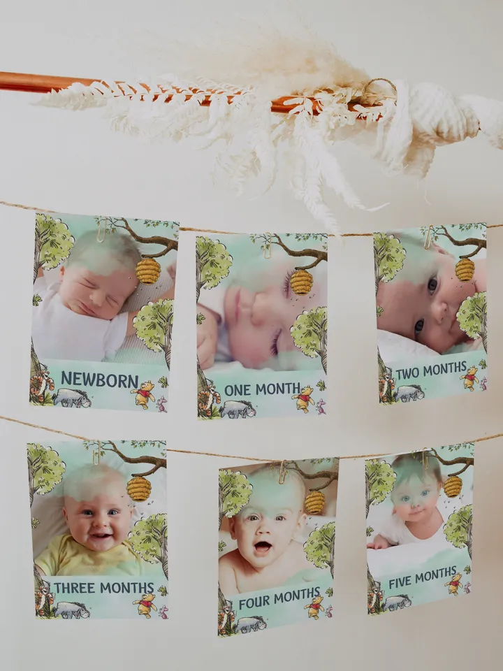 Editable Photo Banner one year garland Winnie the Pooh First Birthday Photo Banner Garland; Hundred Acre Wood Party; Instant Download; wp5
