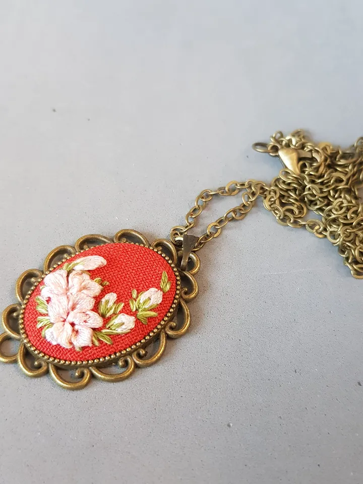 Ribbon embroidered pendant for her, handmade jewelry, art 44