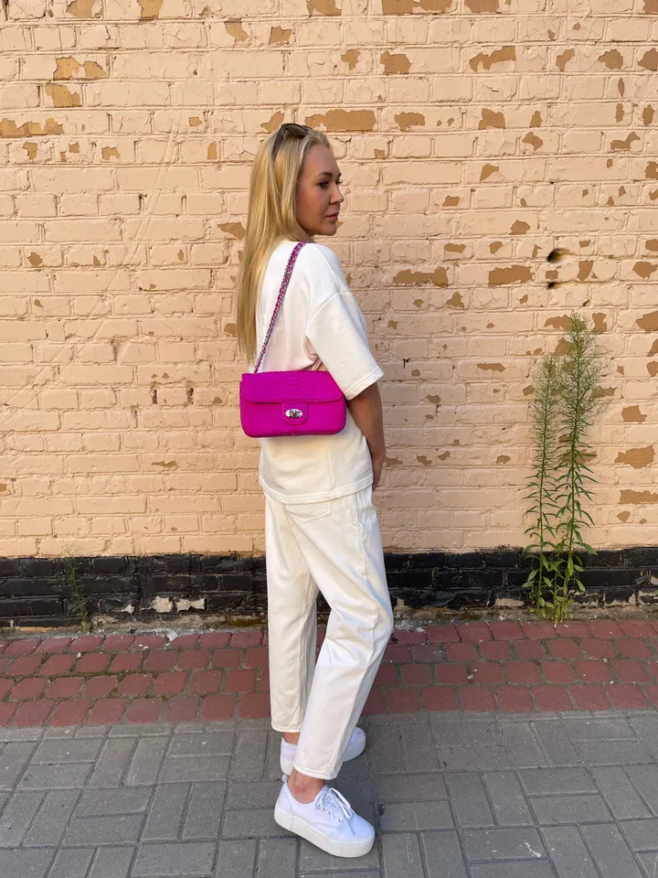 Genuine python skin midi crossbody bag fuchsia colour, summer bright chain crossbody, elegant classy crossbody bag genuine leather summer