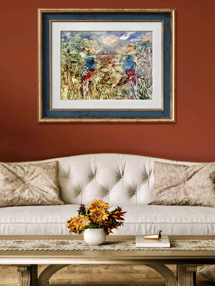 A couple of quetzal birds,mayan pyramid on the background, colourful impasto oil painting on stretched canvas ,wall art,couple love gift
