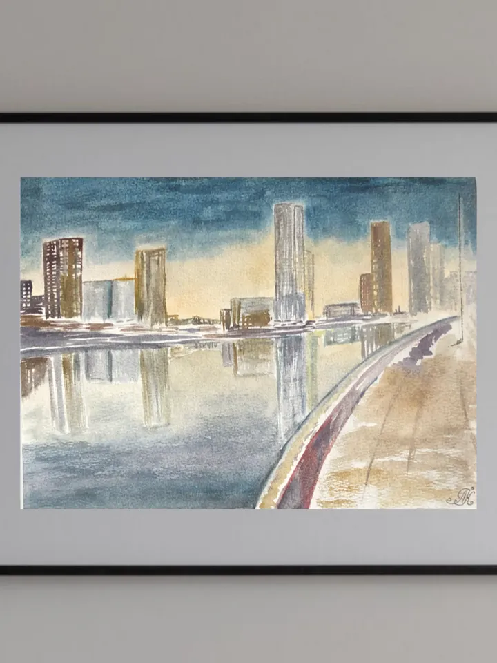Night city cityscape wall art hand painted modern watercolour painting