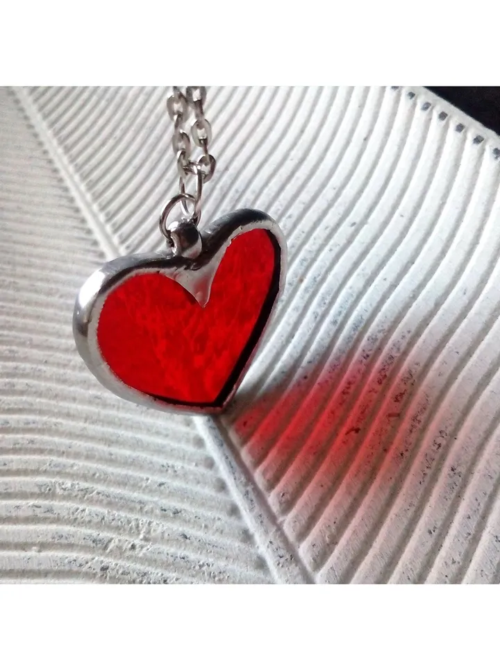Red heart glass necklace, Love pendant, st Valentine scarlet heart necklace, kawaii pendant