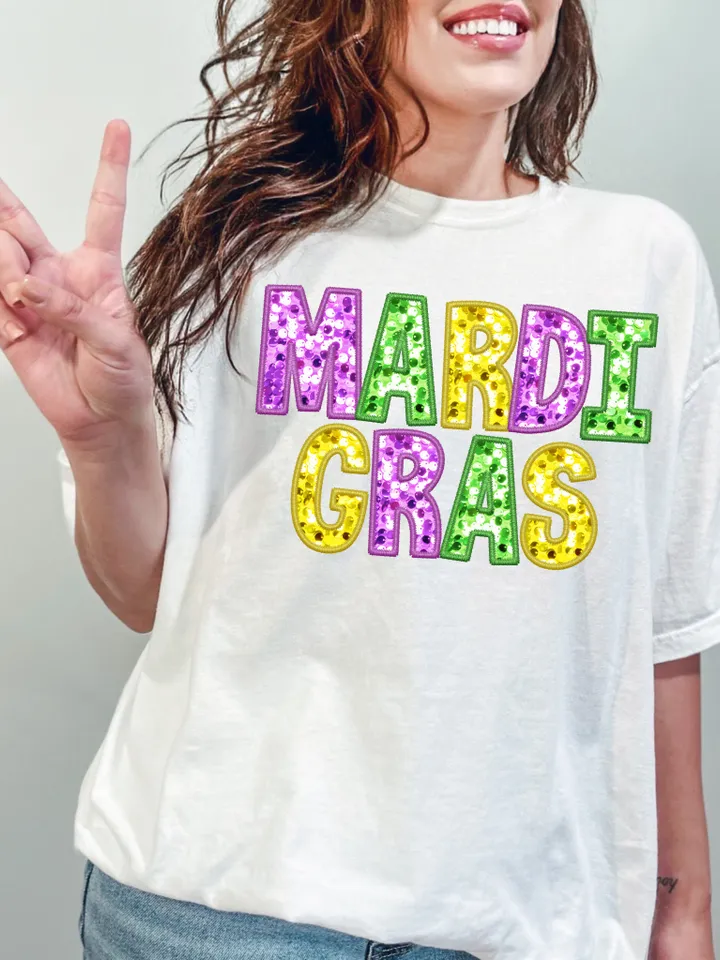 Mardi Gras Faux Sequin Embroidered PNG- Mardi Gras Shirt, Mardi Gras Digital, DTF, Faux Embroidery, Stitch, Matching, Glitter