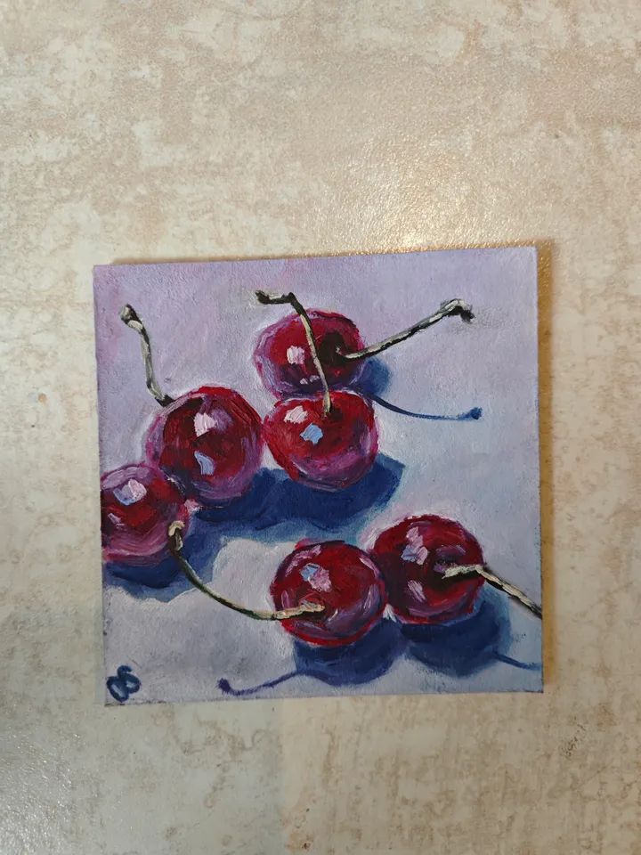 Cherries Original Painting Cherry Fruit Original Art Cherries Modern Artwork Bright Cherries Oil Painting Cherry On Table Fruit Wall Art Decor 5 x 5 inches by OlgaSokolovaArt