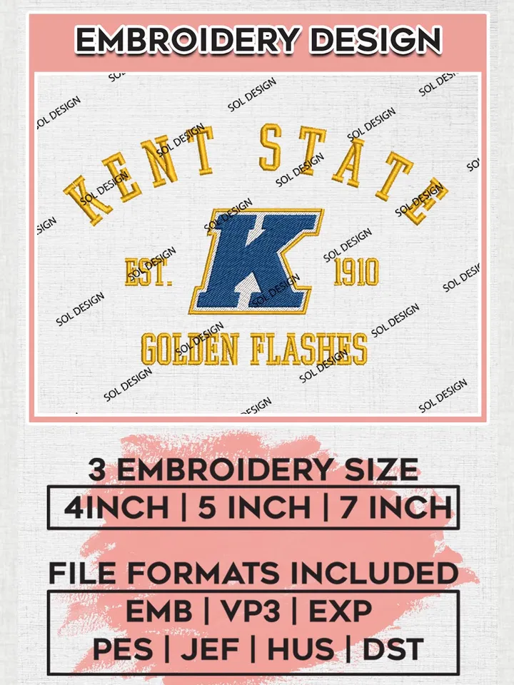 Kent State Golden Flashes Est 1910 Logo Embroidery Designs, NCAA Kent State Golden Flashes Team Embroidery, NCAA Team Logo, 3 sizes, Machine embroidery Files, Digital Download