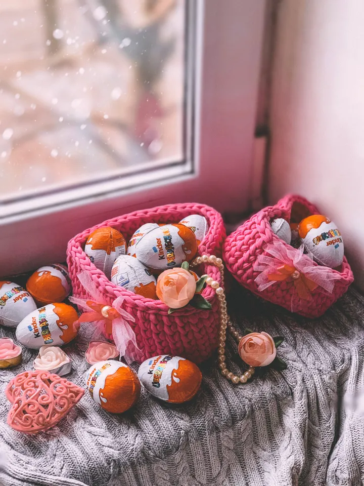 Crochet set 2 baskets hearts, Valentines gift box, pink bathroom storage, eco friendly container, candy holder