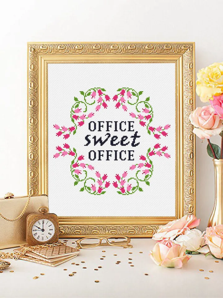 Framed quote cross stitch pattern Office sweet office instant download PDF, Flower wreath cross stitch chart, DIY Home office decor #Q26