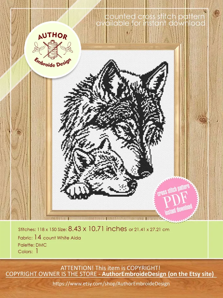 Mom and baby wolf cross stitch pattern PDf download Monochrome wolf silhouette cross stitch chart, Wolf pattern digital PDF, Home decor #K51